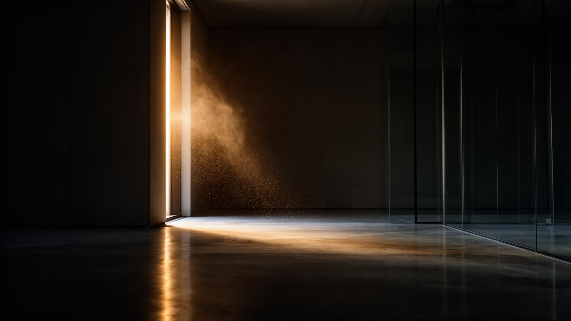 Sala silenciosa com facho de luz dramático